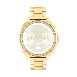 Ladies’ Coach Kitt Crystal Accent Gold-Tone IP Chronograph Watch with Silver-Tone Dial (Model: 14504397)
