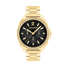 Ladies’ Coach Kitt Crystal Accent Gold-Tone IP Chronograph Watch with Black Dial (Model: 14504398)