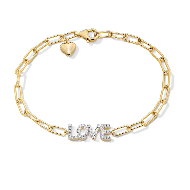Main Image 1 of 1/4 CT. T.W. Diamond “LOVE” Paper Clip Chain Bracelet in Sterling Silver with 10K Gold Plate - 7.5"