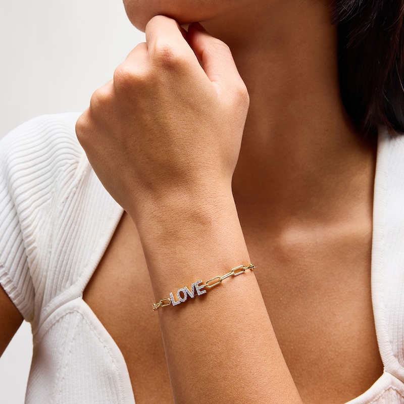 Main Image 2 of 1/4 CT. T.W. Diamond “LOVE” Paper Clip Chain Bracelet in Sterling Silver with 10K Gold Plate - 7.5"