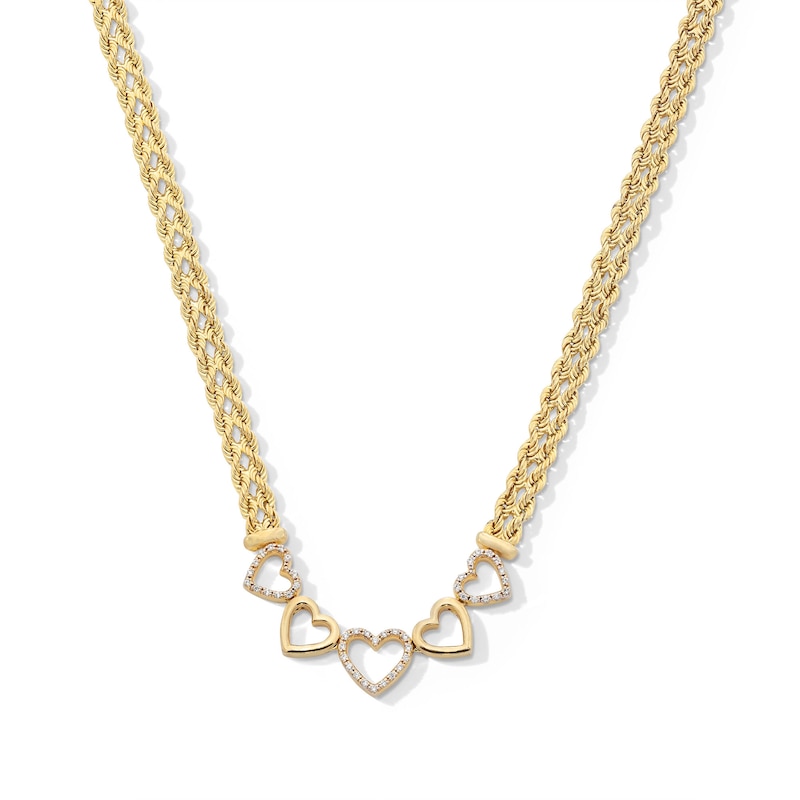 Main Image 1 of 1/10 CT. T.W. Diamond Five Heart Necklace in Sterling Silver with 14K Gold Plate - 17"