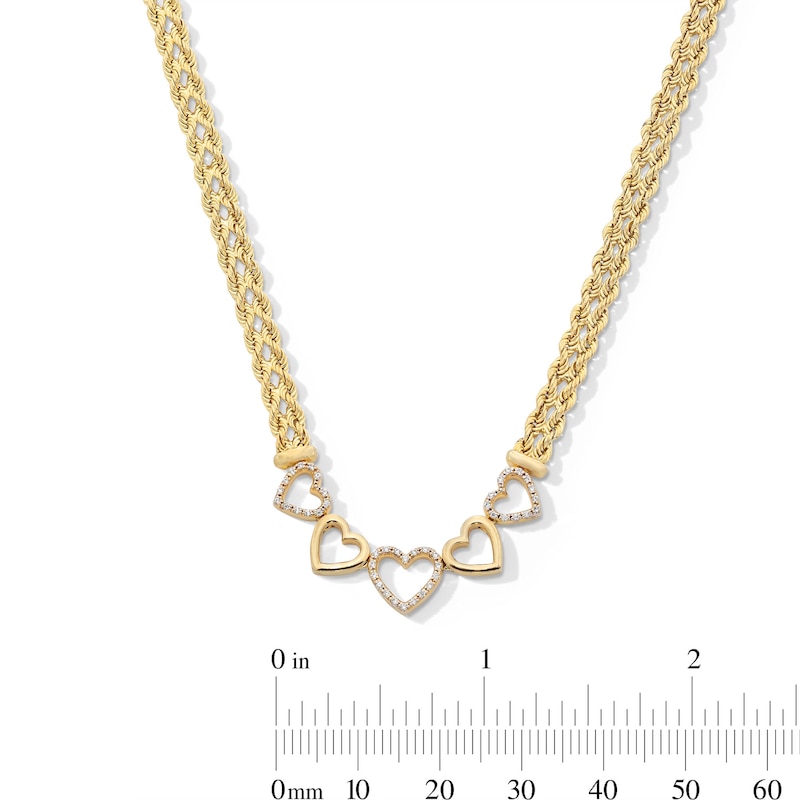 Main Image 4 of 1/10 CT. T.W. Diamond Five Heart Necklace in Sterling Silver with 14K Gold Plate - 17"