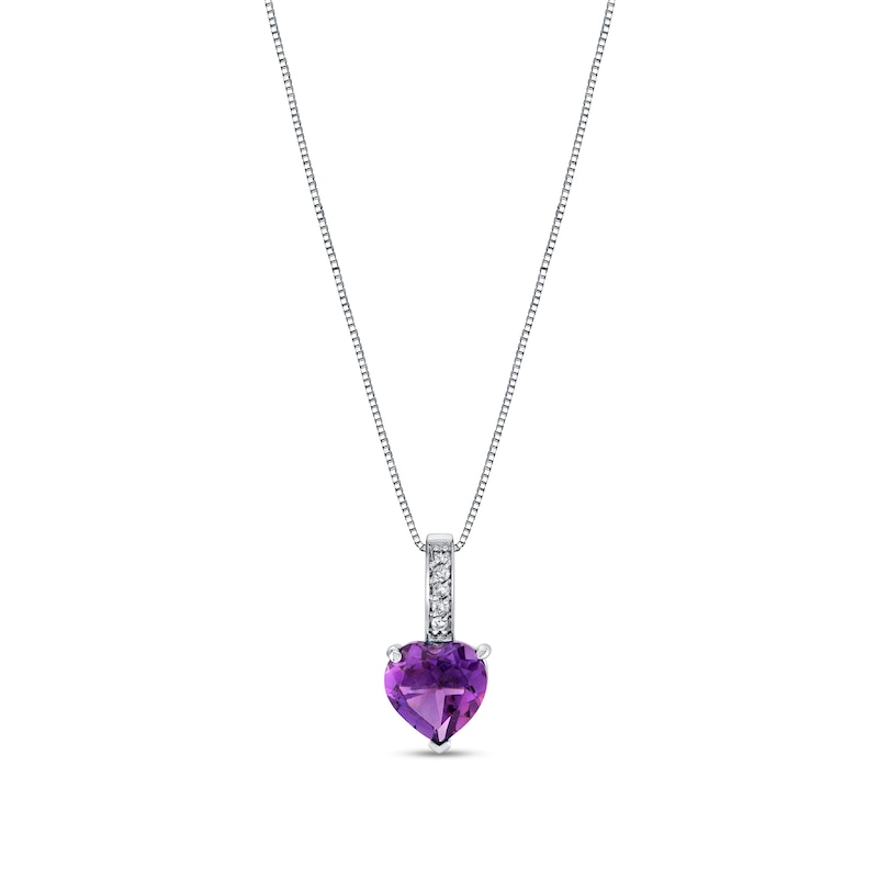 Main Image 1 of 8.0mm Heart-Shaped Amethyst and 1/20 CT. T.W. Diamond Drop Pendant in 10K White Gold