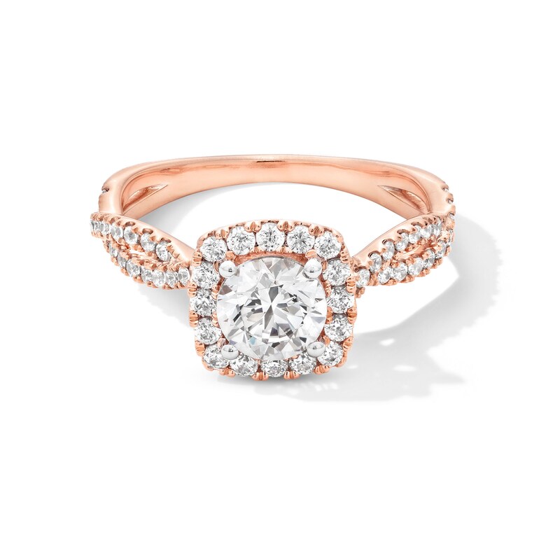 Main Image 1 of 1-1/2 CT. T.W. Certified Lab-Grown Diamond Cushion Frame Twist Shank Engagement Ring in 14K Rose Gold (F/SI2)