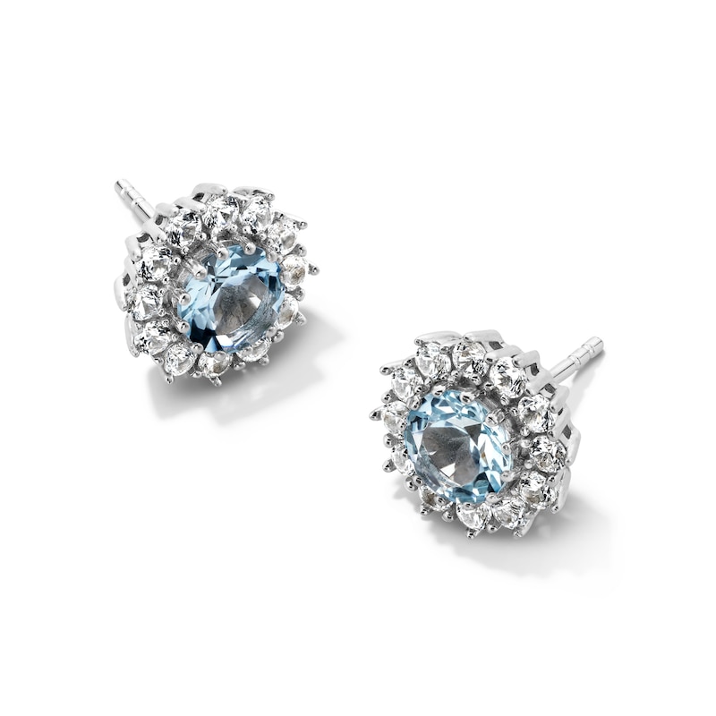 Main Image 1 of 6.0mm Aquamarine and White Lab-Created Sapphire Frame Stud Earrings in Sterling Silver