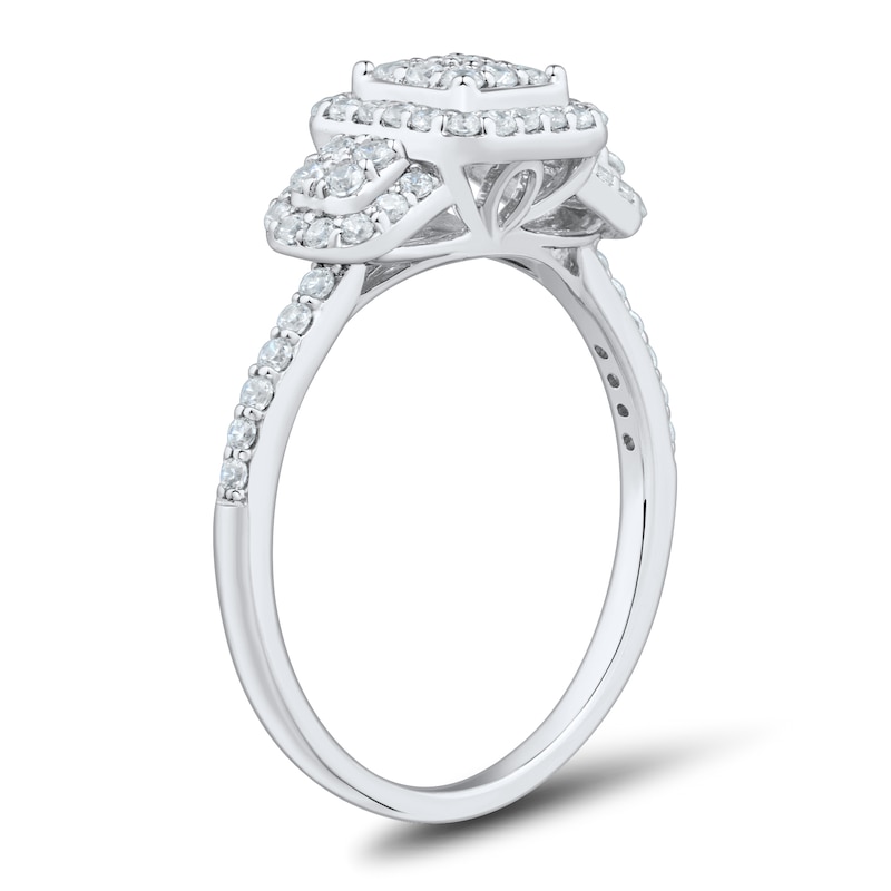 Main Image 3 of 1/2 CT. T.W. Cushion-Shaped Certified Lab-Grown Multi-Diamond Three Stone Ring in Sterling Silver (I/SI2)