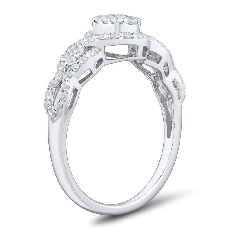 Main Image 3 of 1/2 CT. T.W. Oval-Shaped Certified Lab-Grown Multi-Diamond Twist Frame Ring in Sterling Silver (I/SI2)