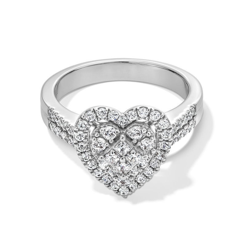 Main Image 1 of 3/4 CT. T.W. Quad Princess-Cut Diamond Double Heart Frame Engagement Ring in 10K White Gold