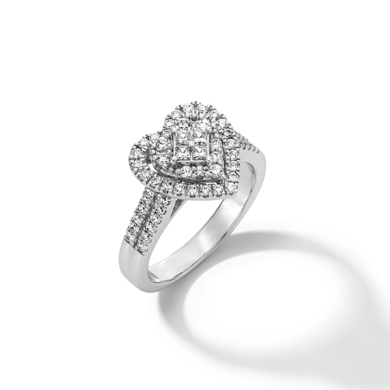 Main Image 3 of 3/4 CT. T.W. Quad Princess-Cut Diamond Double Heart Frame Engagement Ring in 10K White Gold
