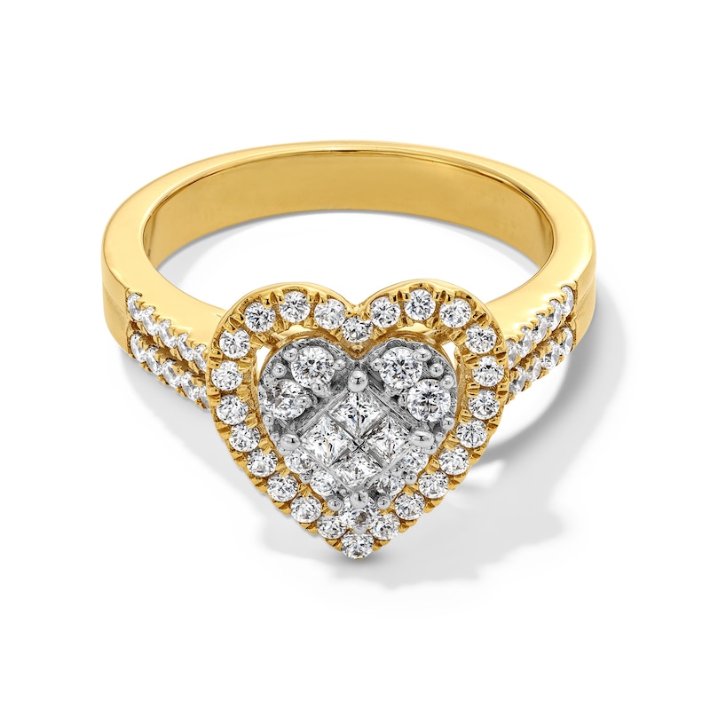 Main Image 1 of 3/4 CT. T.W. Quad Princess-Cut Diamond Double Heart Frame Engagement Ring in 10K Gold
