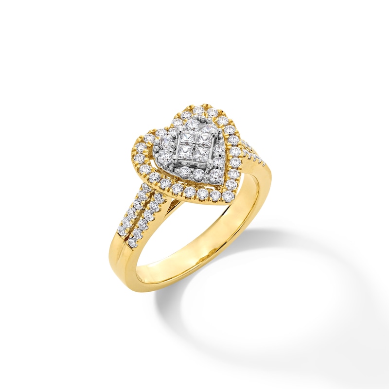Main Image 3 of 3/4 CT. T.W. Quad Princess-Cut Diamond Double Heart Frame Engagement Ring in 10K Gold