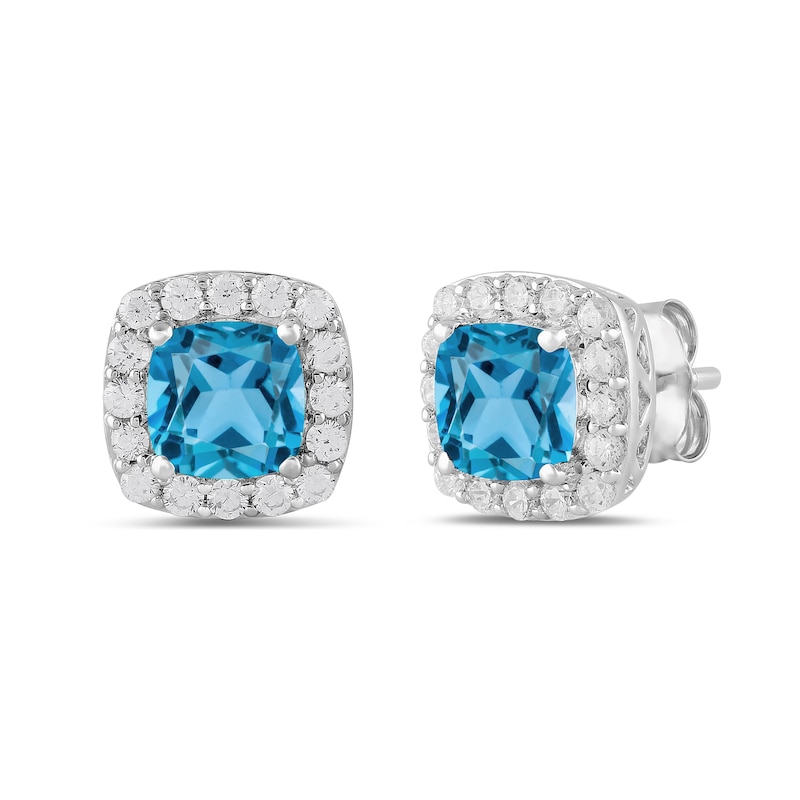 Main Image 1 of Cushion-Cut Swiss Blue Topaz and 1/2 CT. T.W. Certified Lab-Grown Diamond Frame Stud Earrings in 14K White Gold