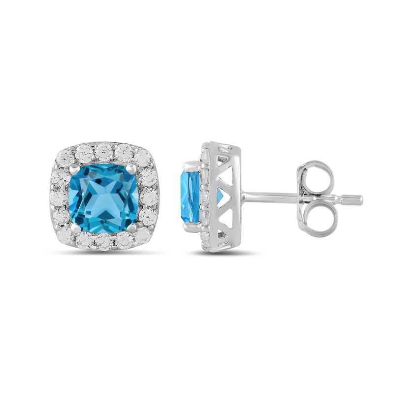 Main Image 2 of Cushion-Cut Swiss Blue Topaz and 1/2 CT. T.W. Certified Lab-Grown Diamond Frame Stud Earrings in 14K White Gold