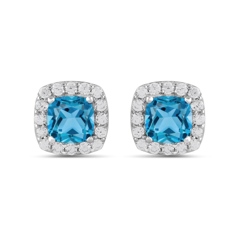 Main Image 3 of Cushion-Cut Swiss Blue Topaz and 1/2 CT. T.W. Certified Lab-Grown Diamond Frame Stud Earrings in 14K White Gold