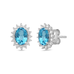 Oval Swiss Blue Topaz and 1/3 CT. T.W. Certified Lab-Grown Diamond Sunburst Frame Stud Earrings in 14K White Gold