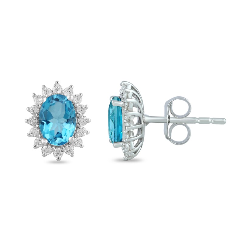 Main Image 2 of Oval Swiss Blue Topaz and 1/3 CT. T.W. Certified Lab-Grown Diamond Sunburst Frame Stud Earrings in 14K White Gold