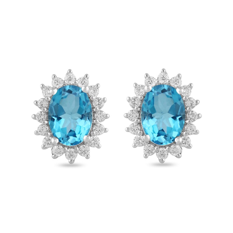 Main Image 3 of Oval Swiss Blue Topaz and 1/3 CT. T.W. Certified Lab-Grown Diamond Sunburst Frame Stud Earrings in 14K White Gold