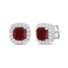 Cushion-Cut Lab-Created Ruby and 1/2 CT. T.W. Certified Lab-Grown Diamond Frame Stud Earrings in 14K White Gold