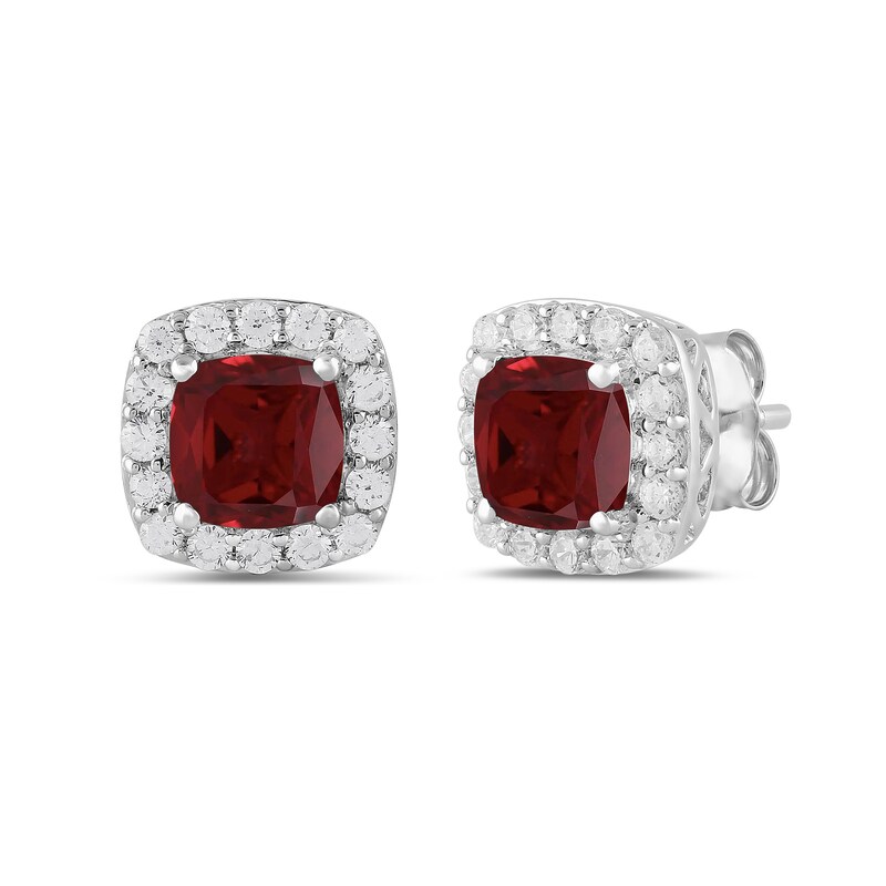 Main Image 1 of Cushion-Cut Lab-Created Ruby and 1/2 CT. T.W. Certified Lab-Grown Diamond Frame Stud Earrings in 14K White Gold
