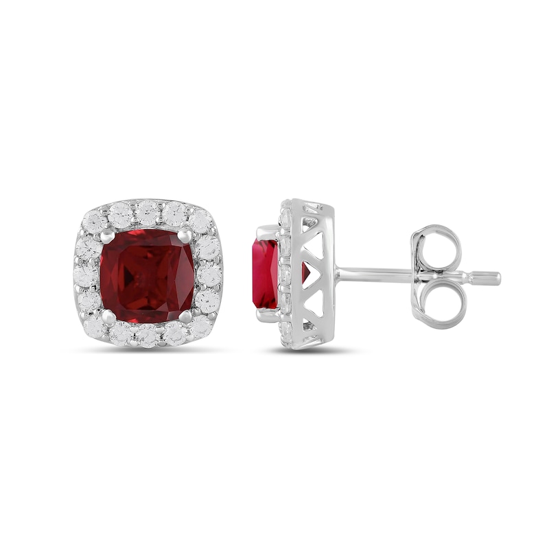 Main Image 2 of Cushion-Cut Lab-Created Ruby and 1/2 CT. T.W. Certified Lab-Grown Diamond Frame Stud Earrings in 14K White Gold