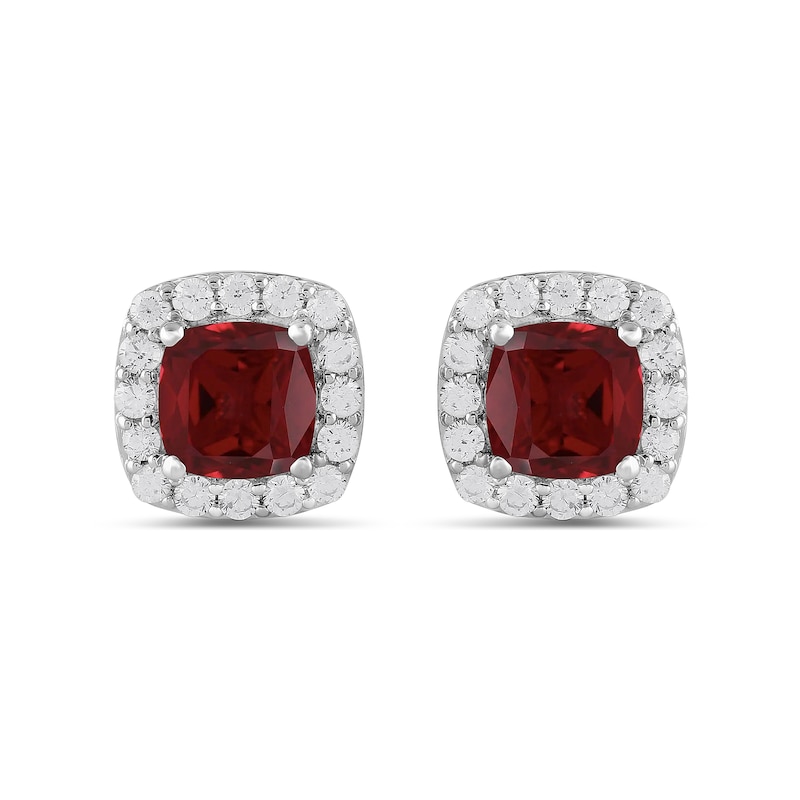 Main Image 3 of Cushion-Cut Lab-Created Ruby and 1/2 CT. T.W. Certified Lab-Grown Diamond Frame Stud Earrings in 14K White Gold