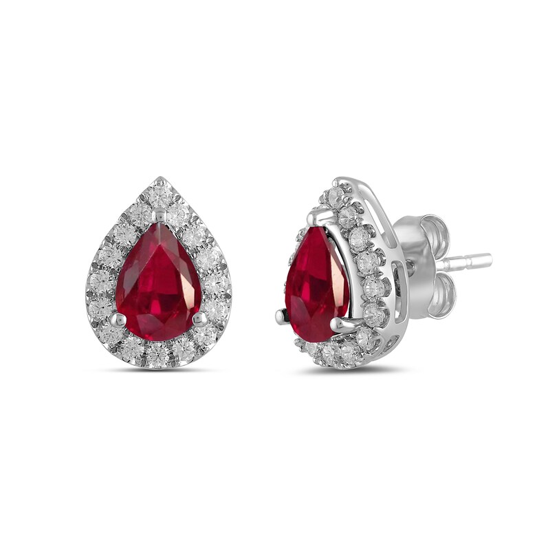 Main Image 1 of Pear-Shaped Lab-Created Ruby and 3/8 CT. T.W. Certified Lab-Grown Diamond Frame Stud Earrings in 14K White Gold