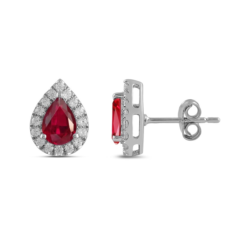 Main Image 2 of Pear-Shaped Lab-Created Ruby and 3/8 CT. T.W. Certified Lab-Grown Diamond Frame Stud Earrings in 14K White Gold