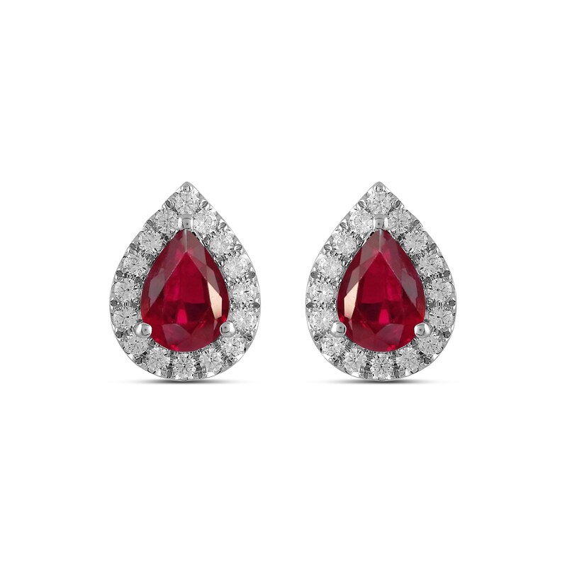 Main Image 3 of Pear-Shaped Lab-Created Ruby and 3/8 CT. T.W. Certified Lab-Grown Diamond Frame Stud Earrings in 14K White Gold
