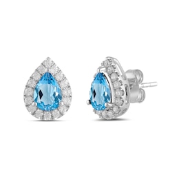 Pear-Shaped Swiss Blue Topaz and 3/8 CT. T.W. Certified Lab-Grown Diamond Frame Stud Earrings in 14K White Gold