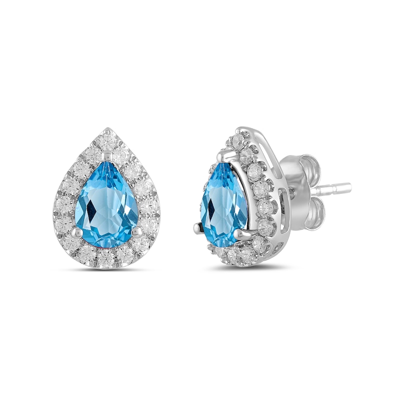 Main Image 1 of Pear-Shaped Swiss Blue Topaz and 3/8 CT. T.W. Certified Lab-Grown Diamond Frame Stud Earrings in 14K White Gold