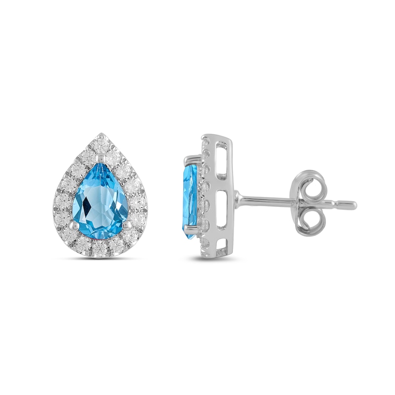 Main Image 2 of Pear-Shaped Swiss Blue Topaz and 3/8 CT. T.W. Certified Lab-Grown Diamond Frame Stud Earrings in 14K White Gold