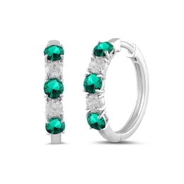 Lab-Created Emerald and 1/2 CT. T.W. Certified Lab-Grown Diamond Alternating Hoop Earrings in 14K White Gold (F/SI2)