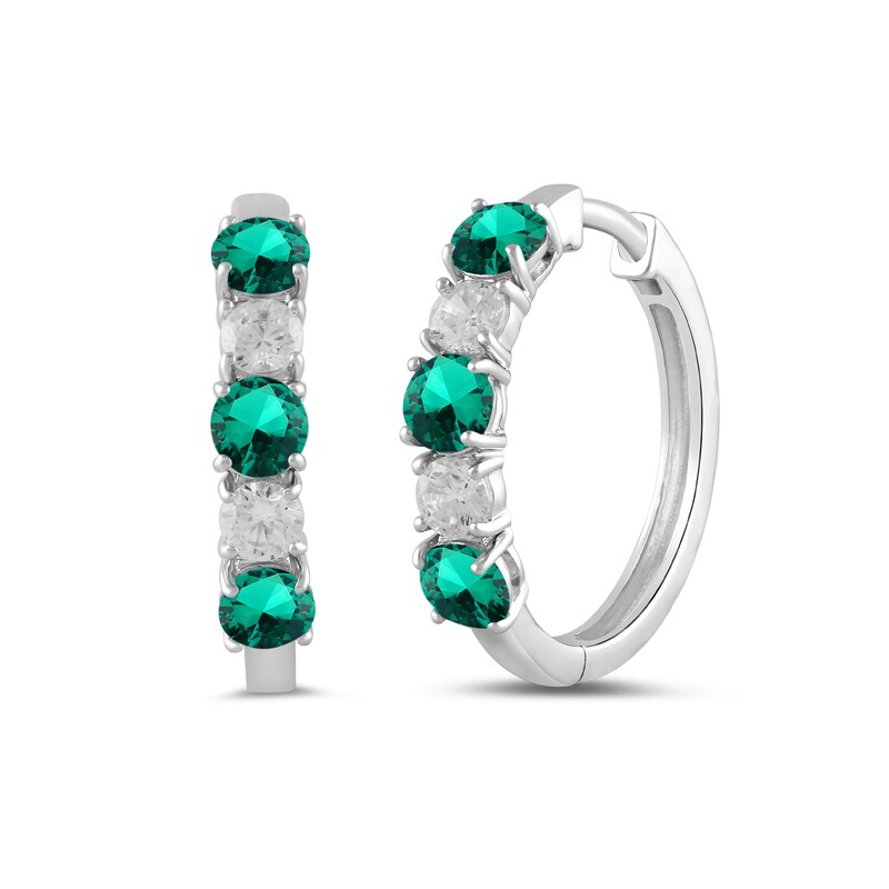 Main Image 1 of Lab-Created Emerald and 1/2 CT. T.W. Certified Lab-Grown Diamond Alternating Hoop Earrings in 14K White Gold (F/SI2)