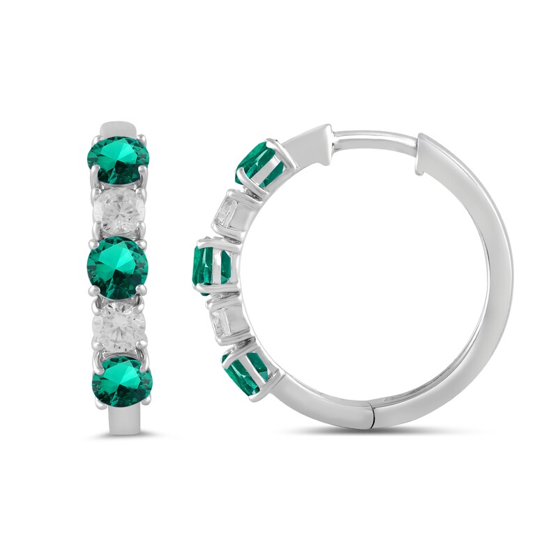 Main Image 2 of Lab-Created Emerald and 1/2 CT. T.W. Certified Lab-Grown Diamond Alternating Hoop Earrings in 14K White Gold (F/SI2)