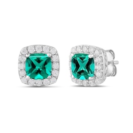 Cushion-Cut Lab-Created Emerald and 1/2 CT. T.W. Certified Lab-Grown Diamond Frame Stud Earrings in 14K White Gold