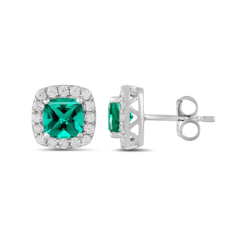 Main Image 2 of Cushion-Cut Lab-Created Emerald and 1/2 CT. T.W. Certified Lab-Grown Diamond Frame Stud Earrings in 14K White Gold