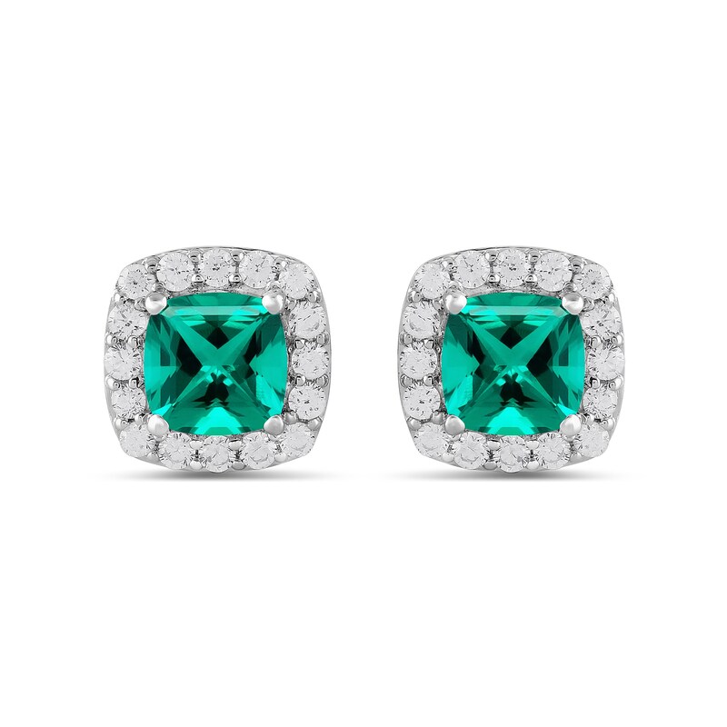 Main Image 3 of Cushion-Cut Lab-Created Emerald and 1/2 CT. T.W. Certified Lab-Grown Diamond Frame Stud Earrings in 14K White Gold