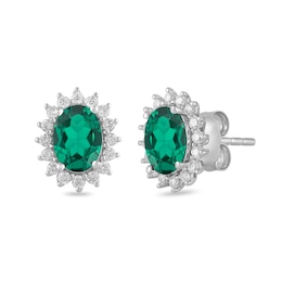 Oval Lab-Created Emerald and 1/3 CT. T.W. Certified Lab-Grown Diamond Sunburst Frame Stud Earrings in 14K White Gold