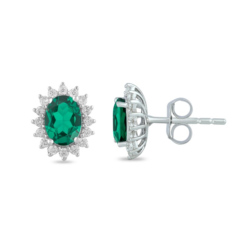 Main Image 2 of Oval Lab-Created Emerald and 1/3 CT. T.W. Certified Lab-Grown Diamond Sunburst Frame Stud Earrings in 14K White Gold