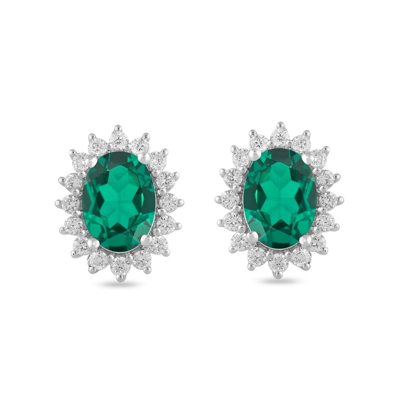 Main Image 3 of Oval Lab-Created Emerald and 1/3 CT. T.W. Certified Lab-Grown Diamond Sunburst Frame Stud Earrings in 14K White Gold