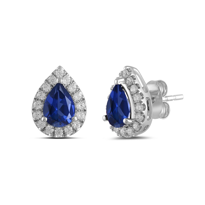 Main Image 1 of Pear Blue Lab-Created Sapphire and 3/8 CT. T.W. Certified Lab-Grown Diamond Frame Stud Earrings in 14K White Gold