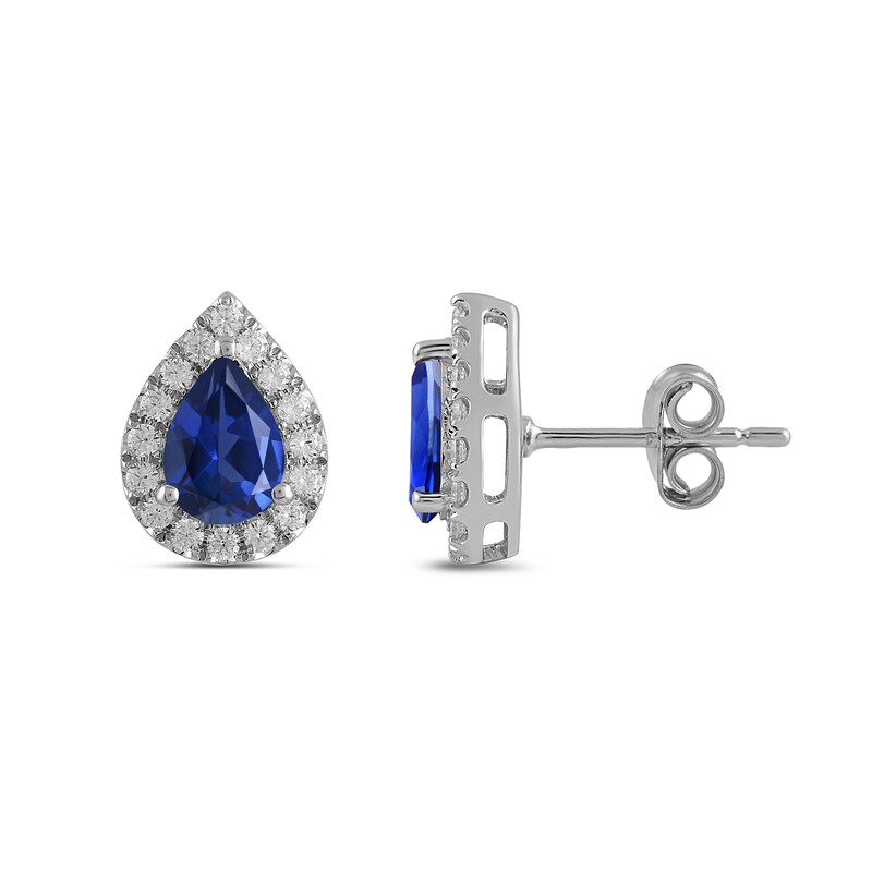 Main Image 2 of Pear Blue Lab-Created Sapphire and 3/8 CT. T.W. Certified Lab-Grown Diamond Frame Stud Earrings in 14K White Gold