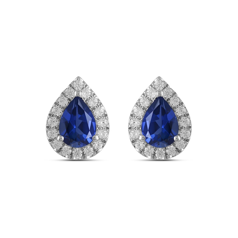 Main Image 3 of Pear Blue Lab-Created Sapphire and 3/8 CT. T.W. Certified Lab-Grown Diamond Frame Stud Earrings in 14K White Gold