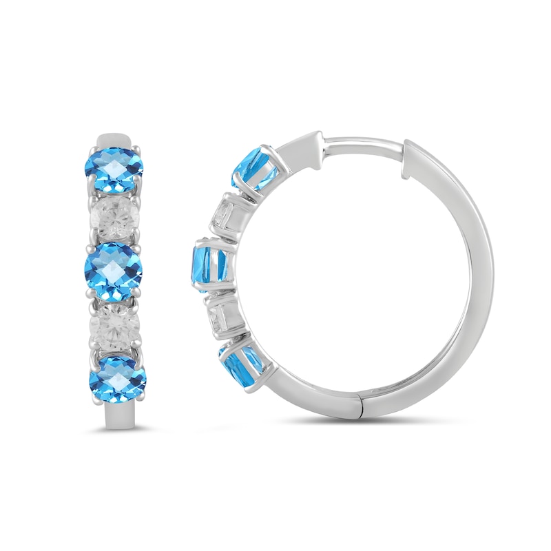 Main Image 2 of Swiss Blue Topaz and 1/2 CT. T.W. Certified Lab-Grown Diamond Alternating Hoop Earrings in 14K White Gold (F/SI2)