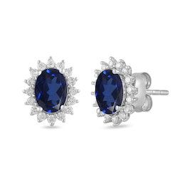 Oval Blue Lab-Created Sapphire and 1/3 CT. T.W. Certified Lab-Grown Diamond Sunburst Stud Earrings in 14K White Gold