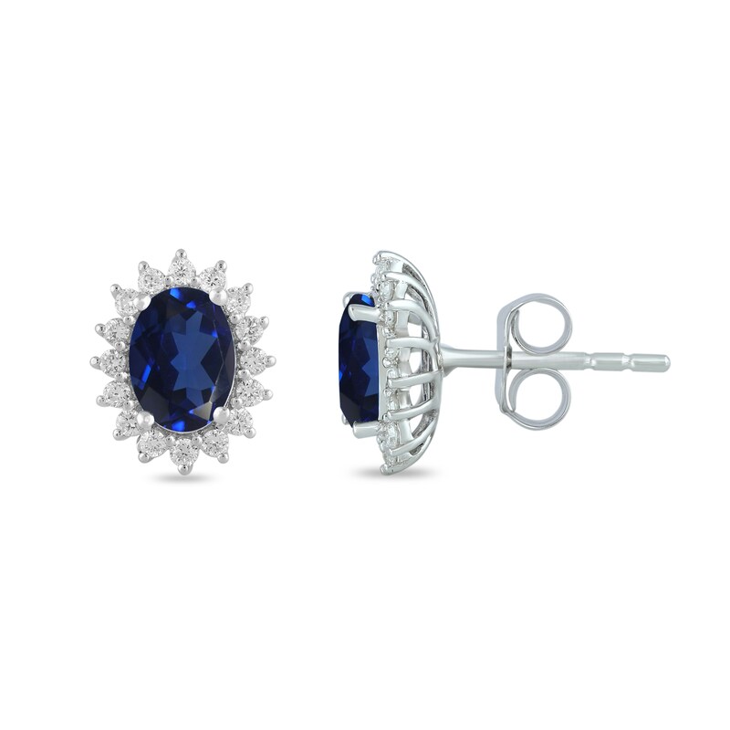Main Image 2 of Oval Blue Lab-Created Sapphire and 1/3 CT. T.W. Certified Lab-Grown Diamond Sunburst Stud Earrings in 14K White Gold