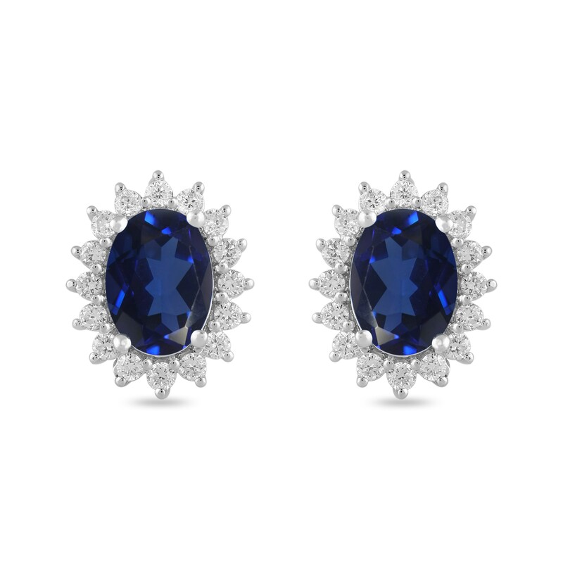 Main Image 3 of Oval Blue Lab-Created Sapphire and 1/3 CT. T.W. Certified Lab-Grown Diamond Sunburst Stud Earrings in 14K White Gold