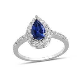 Pear-Shaped Blue Lab-Created Sapphire and 1/2 CT. T.W. Certified Lab-Grown Diamond Frame Ring in 14K White Gold