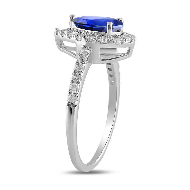 Main Image 2 of Pear-Shaped Blue Lab-Created Sapphire and 1/2 CT. T.W. Certified Lab-Grown Diamond Frame Ring in 14K White Gold