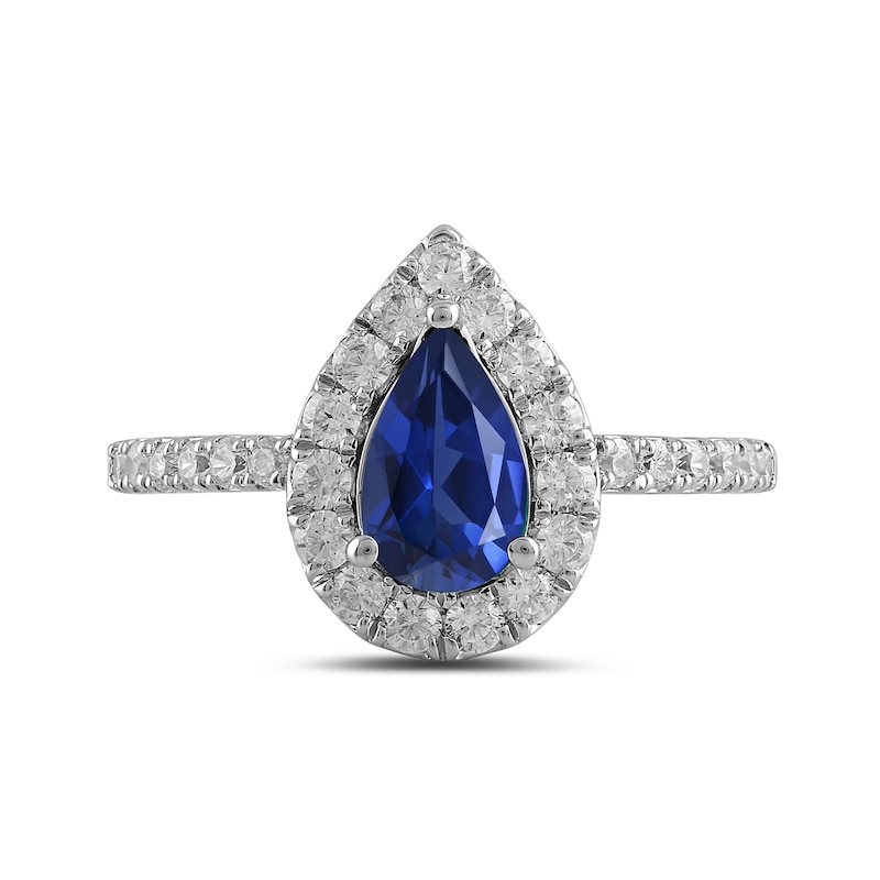 Main Image 3 of Pear-Shaped Blue Lab-Created Sapphire and 1/2 CT. T.W. Certified Lab-Grown Diamond Frame Ring in 14K White Gold